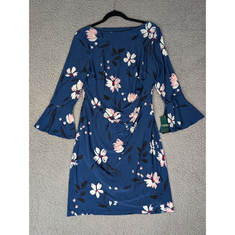 Ralph Lauren Navy Blue Midi Dress with Pink & White Floral Print